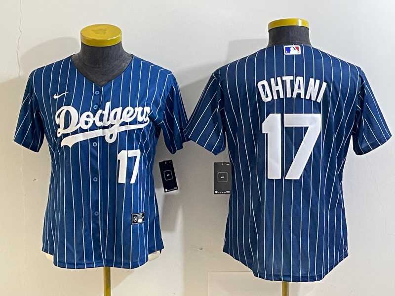 Womens Los Angeles Dodgers #17 Shohei Ohtani Number Red Navy Blue Pinstripe Stitched Cool Base Nike Jersey